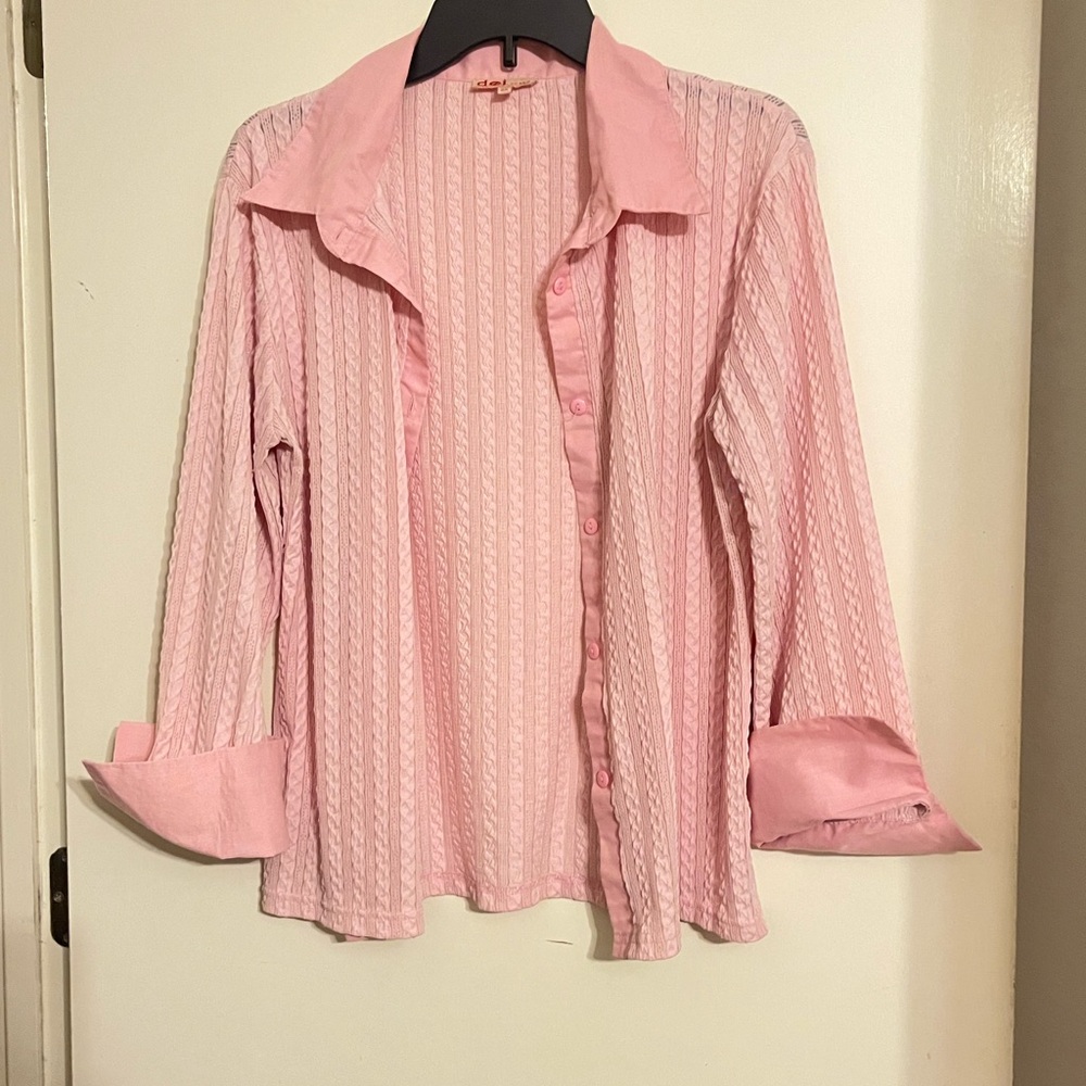Pink Button Down Shirt with Notched Collar and 3/4 Sleeves